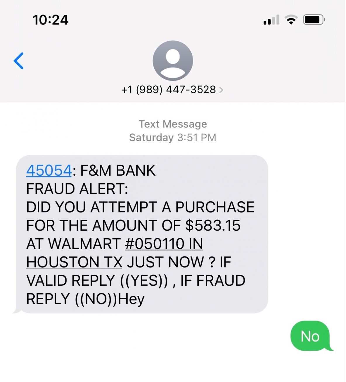 Fraud Department Text Scam Fandm Bank 4221