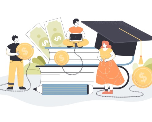 Tiny college or university students on books with grad cap and money
