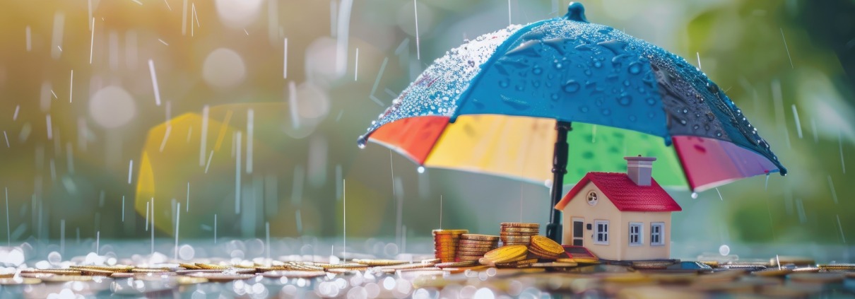 miniature home being covered by an umbrella in the rain, surrounded by gold coins