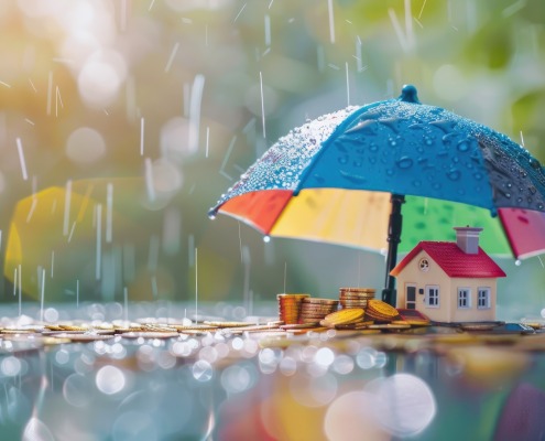 miniature home being covered by an umbrella in the rain, surrounded by gold coins