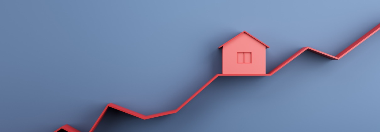 red house on red trend line on blue background